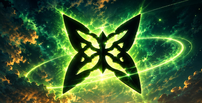A digital artwork featuring a black butterfly emblem glowing green against a cosmic background of nebulae, stars, and swirling light trails.