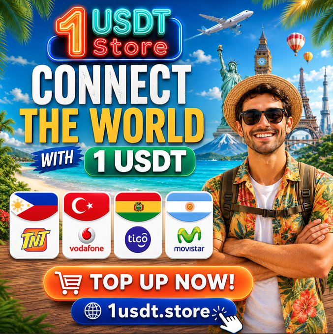 The image features a man wearing sunglasses and a straw hat standing next to an advertisement for USDT mobile plans. The advertisement promotes the idea of staying connected while traveling, as indicated by the various travel destinations displayed around the world. The text on the advertisement encourages users to connect with the world through their mobile devices, emphasizing the importance of staying connected during trips or vacations.