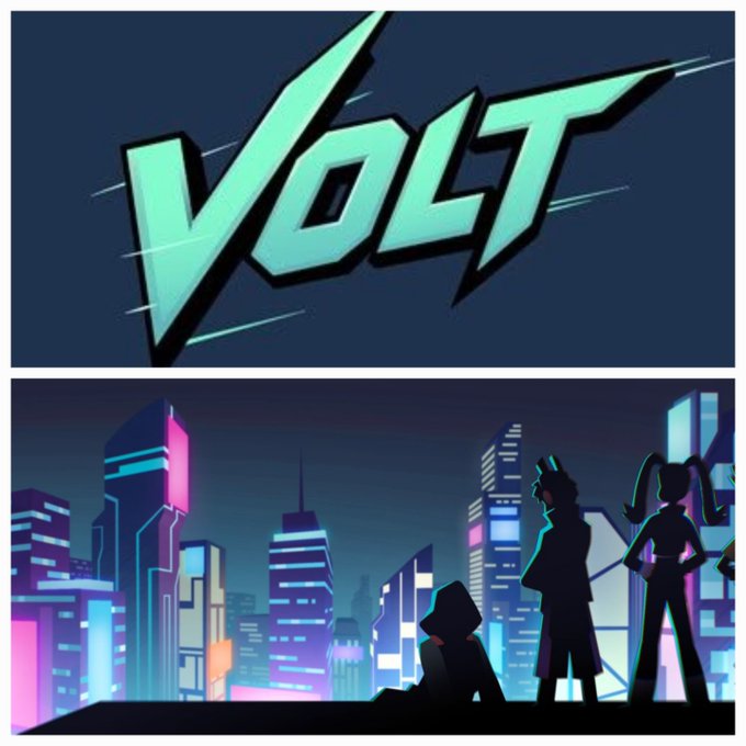 The image shows a title card with the "VOLT" logo in stylized cyan text above a neon-lit cyberpunk cityscape, where three silhouetted figures (a hooded figure crouching, a tall figure in a coat, and a pigtailed figure) stand overlooking a futuristic skyline. This visual reinforces the post's message about @PoweredByVolt as an NFT-powered, crypto/Web3-style platform that provides capital backing to early-stage builders within the Robinhood ecosystem, using a futuristic aesthetic to convey its tech-forward, investment-focused mission.