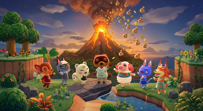 A vibrant illustration of Animal Crossing characters gathered together in a colorful tropical setting featuring an erupting volcano that spews gold coins.