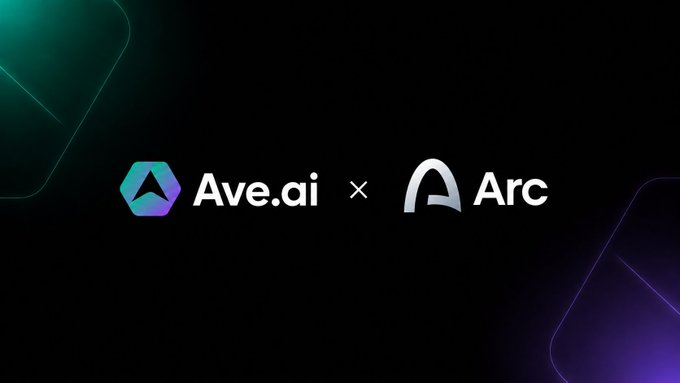 A black background graphic showing logos for "Ave.ai" and "Arc" side-by-side with a multiplication symbol between them, set against dark green and purple geometric accents.