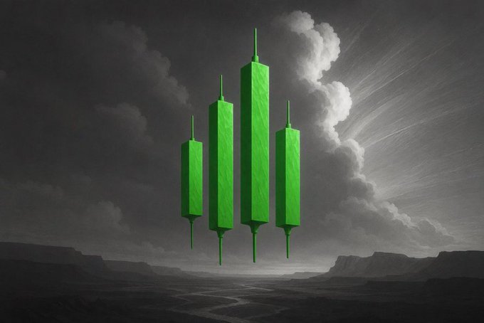 Four elongated green candlesticks rise like rockets above a moody, storm-swept landscape, mirroring the post's claim that "1000X is realistic with #memecoins" by visually framing a moonshot-style breakout.