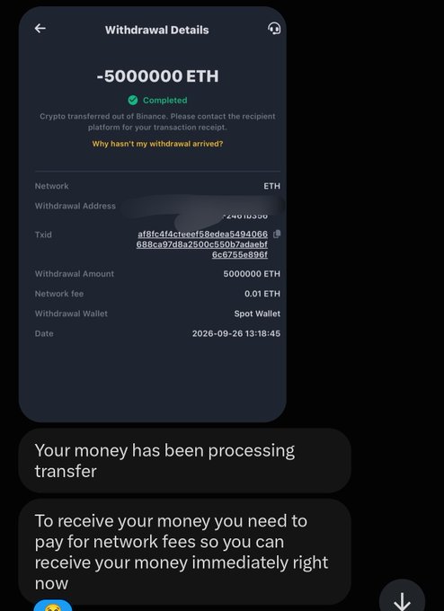 Screenshot of a fraudulent "Withdrawal Details" page claiming -5000000 ETH (5 million Ethereum) has been transferred, showing only a $0.01 network fee and "Spot Wallet" source, followed by demands to pay additional network fees — illustrating the classic advance-fee crypto scam the post is warning others to avoid.