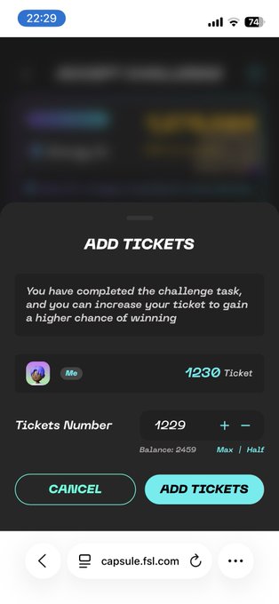 A mobile app popup titled 'ADD TICKETS' from capsule.fsl.com shows a ticket balance of 1230 and a field to enter the number of tickets (currently 1229) with Cancel and Add Tickets buttons.