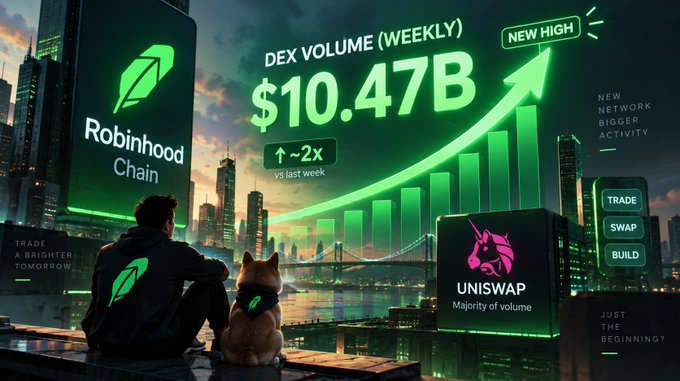 An illustrated promotional graphic shows a person and a dog looking at a green-lit city skyline, featuring text 'Robinhood Chain', 'DEX VOLUME (WEEKLY) $10.47B', 'NEW HIGH', '~2x vs last week', and a 'UNISWAP' logo noting 'Majority of volume'.