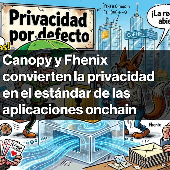 A Spanish-language infographic titled 'Privacidad por defecto' discussing how Canopy and Fhenix make privacy the standard for onchain applications, featuring cartoon characters with a lock and code symbols.