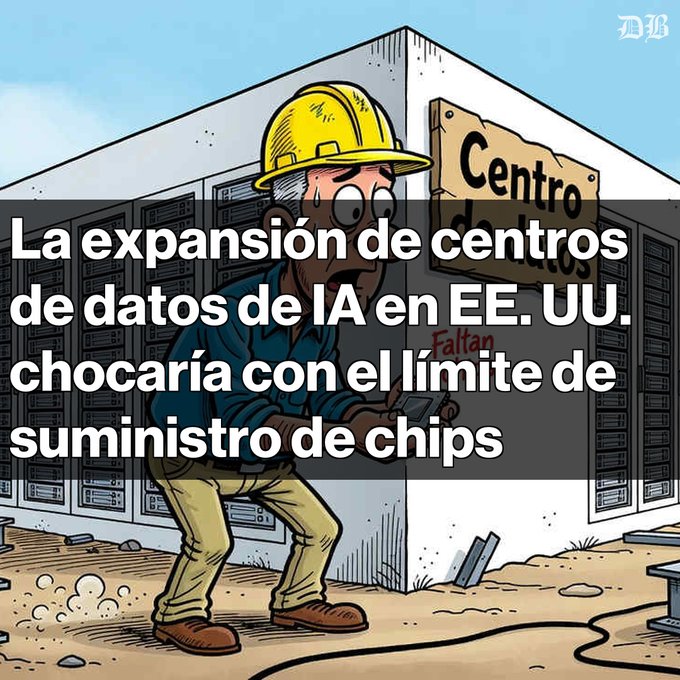 A cartoon illustration depicting an anxious worker sweating beside a data center labeled 'Centro de datos,' with Spanish text reading 'La expansión de centros de datos de IA en EE. UU. chocaría con el límite de suministro de chips' (The expansion of AI data centers in the US would clash with chip supply limits).