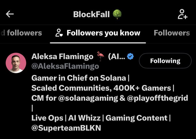 The image shows a Twitter/X profile page for Aleksejs (Aleks), listed as "Gamer in Chief on Solana" and CM for @solanagaming & @playoffthegrid, with 400K+ gamers under their communities. The accompanying post about a Solana Gaming employee following @BlockFallX aligns with this, showing Aleks—a key figure in Solana Gaming—now following the BlockFall account, hinting at potential collaboration or news.