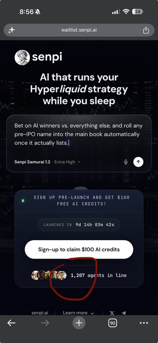 The image shows a screenshot of a cell phone screen displaying the Facebook page for Senpi Samurai. The focus of the image is an email notification, possibly indicating a claim or update related to a pre-launch signup. Additionally, there are two other people present in the image, potentially being referred to as "other agents" who have signed up with Senpi Samurai.