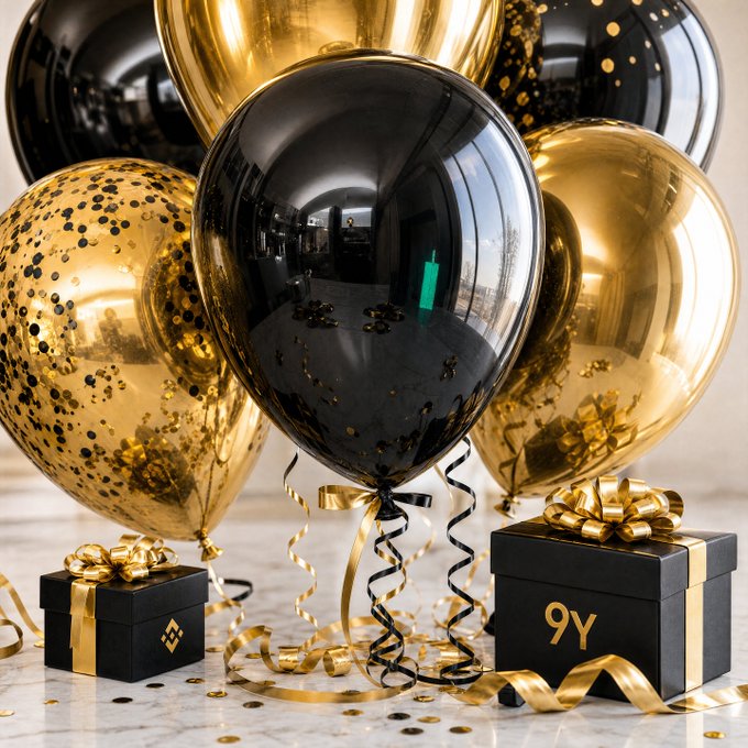 Black and gold balloons with curly ribbons and gift boxes sit on a marble surface, with a small green candle visible in the reflection of the central black balloon and a black gift box displaying the text "9Y" beside them.