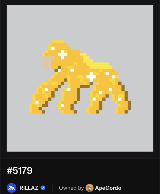 A digital collectible NFT featuring a pixel art illustration of a yellow creature, labeled '#5179', created by 'RILLAZ' and owned by 'ApeGordo'.