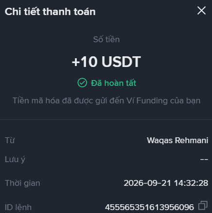 A mobile payment confirmation screen in Vietnamese showing a completed transaction of +10 USDT sent from Waqas Rehmani to a Vi Funding account on 2026-09-21.