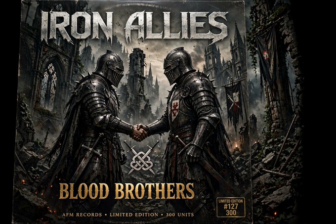 An album cover titled "IRON ALLIES - BLOOD BROTHERS" from AFM Records, featuring two armored knights shaking hands in a dark gothic setting, marked as Limited Edition #127/300.