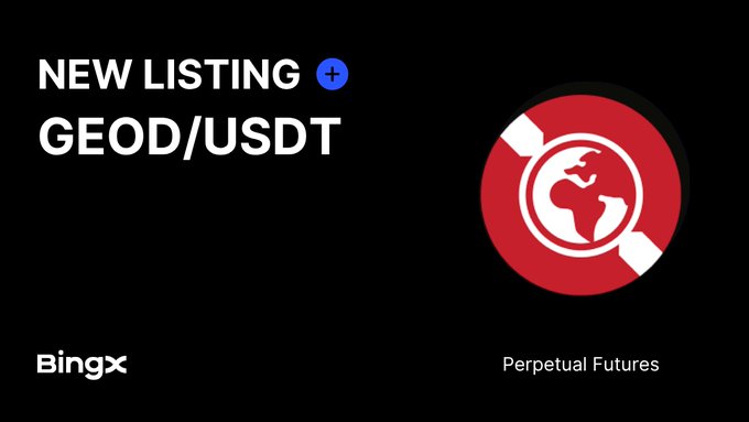 A BingX announcement banner for a 'NEW LISTING' of 'GEOD/USDT' as a Perpetual Futures contract, featuring a red globe logo.