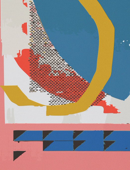 An abstract artwork featuring bold strokes of blue, yellow, and pink overlaid with black halftone dot patterns and geometric triangular shapes.