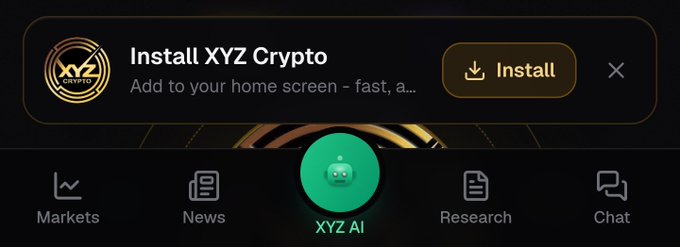 A mobile app interface showing 'Install XYZ Crypto' prompt at the top with navigation tabs for Markets, News, XYZ AI, Research, and Chat at the bottom.