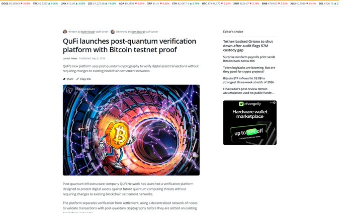 A Coindesk article titled 'QuFi launches post-quantum verification platform with Bitcoin testnet proof' featuring a futuristic illustration of a Bitcoin character running through a digital tunnel.