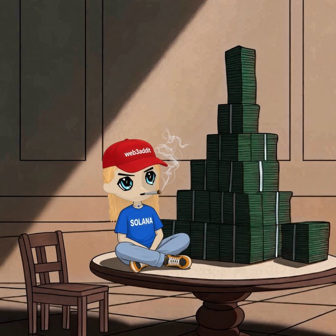 A cartoon illustration depicts a blonde character wearing a red 'web3addit' cap and a blue 'SOLANA' shirt, sitting on a table and smoking next to a massive pyramid of cash stacks.