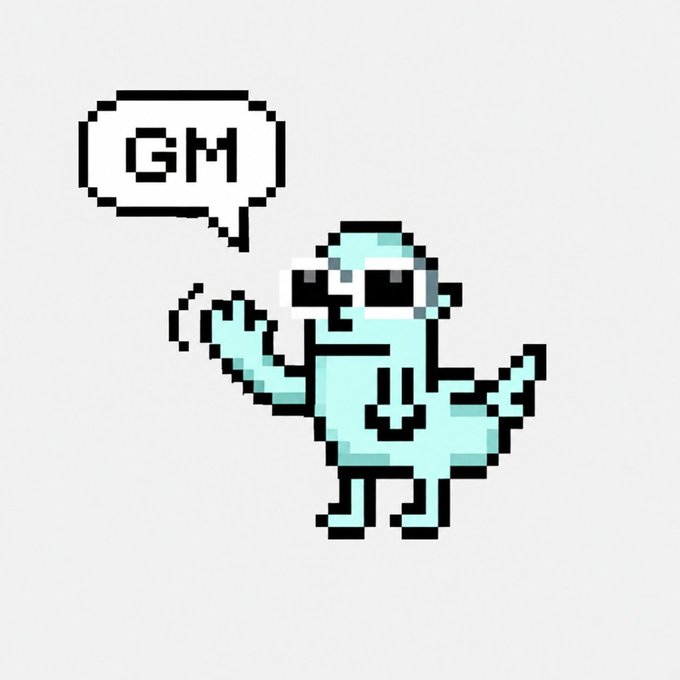 Pixel art illustration of a light blue dinosaur wearing black sunglasses, waving one hand with a speech bubble reading 'GM' (good morning) above its head.