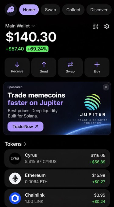 A mobile crypto wallet app interface showing a Main Wallet balance of $140.30 with a +69.24% gain, featuring navigation buttons for Receive, Send, Swap, and Buy, along with a sponsored ad for Jupiter exchange.