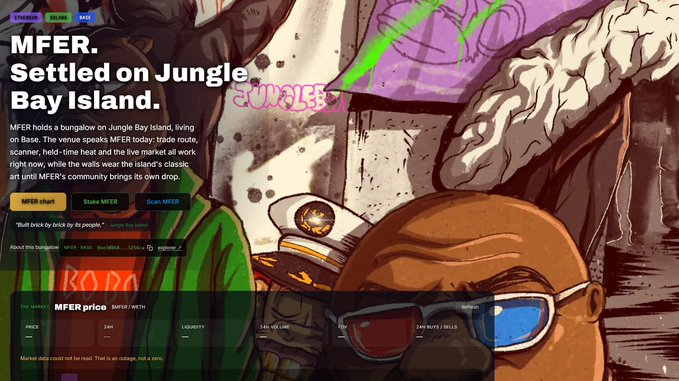 A webpage for an NFT project titled 'MFER. Settled on Jungle Bay Island' includes tags like 'STRANGER', 'SOLANA', and 'BAGS', describing MFER characters living on Base, with links for 'MFER chart', 'Stake MFER', and 'Scan MFER'.