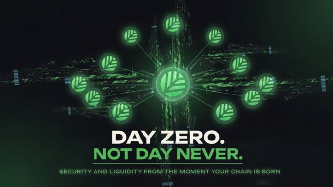A promotional graphic features a green network of connected nodes with the text 'DAY ZERO. NOT DAY NEVER.' and 'SECURITY AND LIQUIDITY FROM THE MOMENT YOUR CHAIN IS BORN'.