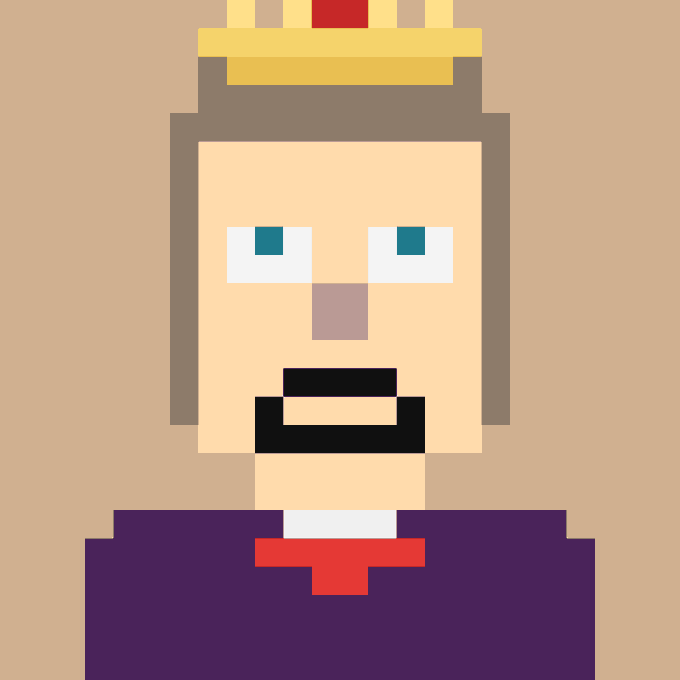 A pixel art portrait of a king-like figure with a yellow crown, beard, and purple robe serves as an example of "good art" being discussed in the context of NFT utility, where the speaker humorously suggests the primary value lies in price appreciation rather than technical or artistic merit.