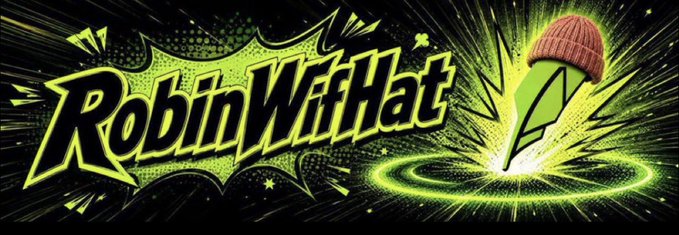 Vibrant green and black comic-style banner reading 'RobinWifiHat' with a cartoon green leaf character wearing a red beanie.