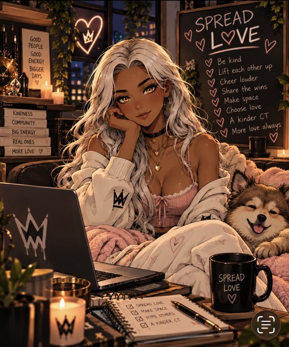 A stylish anime-style illustration depicts a woman with long white hair in cozy loungewear, accompanied by a fluffy dog, working at a laptop in a warm, candle-lit room decorated with positive affirmations like "SPREAD LOVE," "Good People Good Energy Bigger Days," and a "Spread Love" mug, with a checklist for kindness and community. The image's uplifting, peaceful vibe contrasts with the post's frustration over a slow market and timeline disputes, embodying the call to "make love, not war" and end the day on a kind note (GN).
