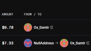 A cryptocurrency transaction history showing two transactions: $9.78 and $7.33 sent to the address "0x_Samir" from various sources on a dark interface.