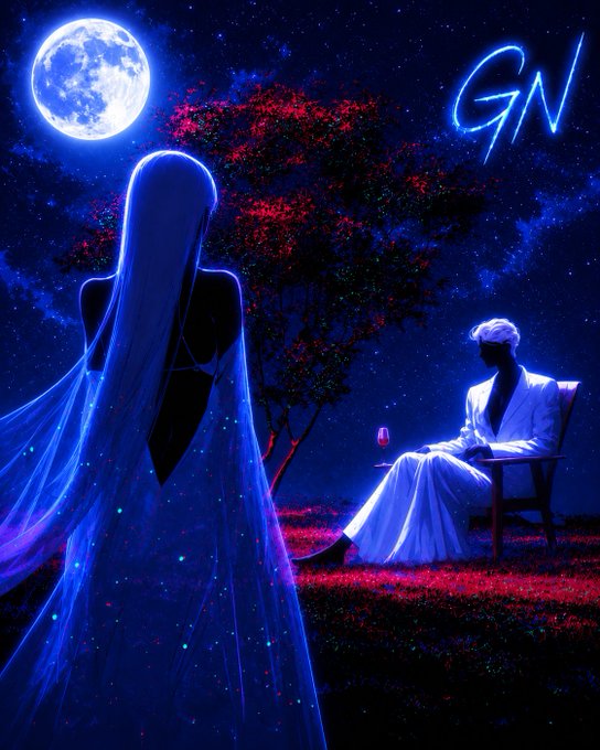 The image features a woman wearing a blue dress with white stars on her back, standing next to a man sitting on a chair under a tree. The background of the image is dark blue with a full moon visible behind them. The caption for the image reads "Good Night CT The projects worth watching are often the ones that keep building and improving long after the initial excitement fades away".