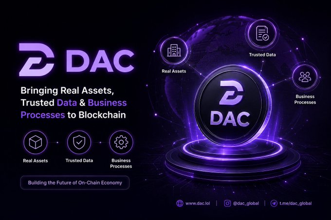 Marketing graphic for 'DAC' with the tagline 'Bringing Real Assets, Trusted Data & Business Processes to Blockchain', showing a purple coin logo with three pillars: Real Assets, Trusted Data, and Business Processes.