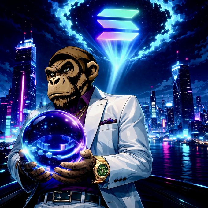 This stylized, graphic image depicts a hip ape standing in a futuristic city, its palm reading a glowing ball which gives us glimpses of buildings and cars. The post accompanying the image seems unrelated to it, which mentions OrbisonSOL and refers viewers to its website, to find out more about how the marketplace also rewards the holders and users and helps projects.