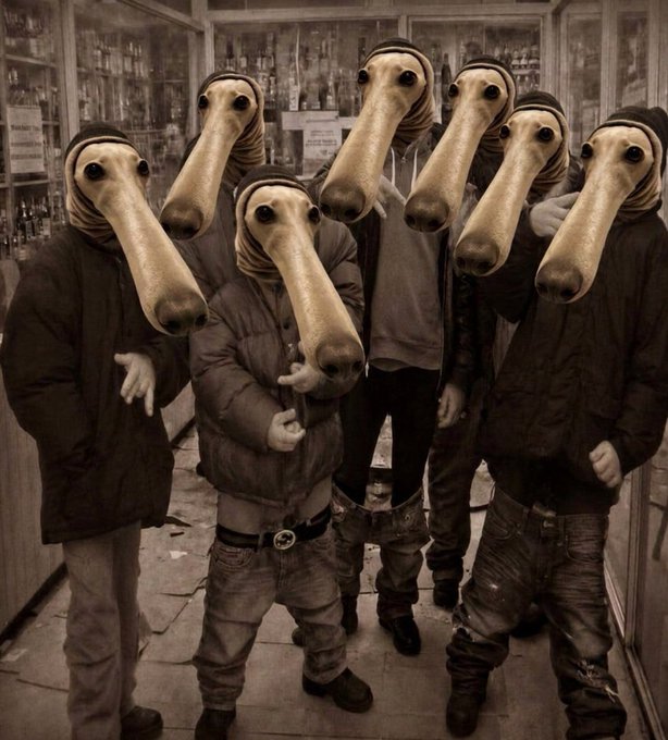 A sepia-toned photo shows a group of seven people wearing long-beaked plague doctor masks, standing in what appears to be a shop or gallery interior. The eerie, anonymous group pairs with the post's bullish sentiment, humorously suggesting a unanimous "gang" of mask-wearing investors all in agreement on a market position.