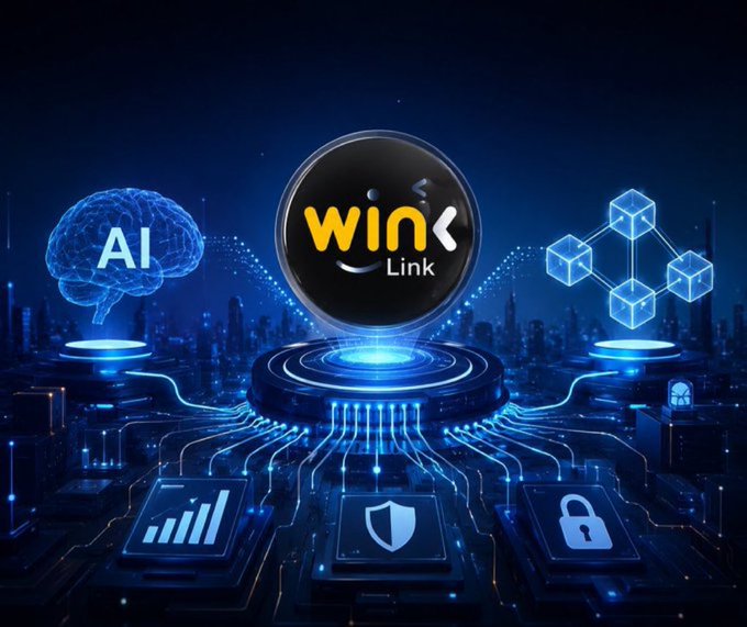 A digital graphic features the 'WIN Link' logo in a glowing blue tech-themed central hub, flanked by an 'AI' brain icon and a blockchain cube icon, with analytics, shield, and padlock icons connected below.