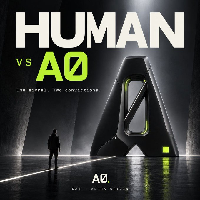 A promotional poster displays 'HUMAN vs AO' with the tagline 'One signal. Two convictions.' and a small figure standing before a large triangular 'A' symbol in a dark, dramatic setting.