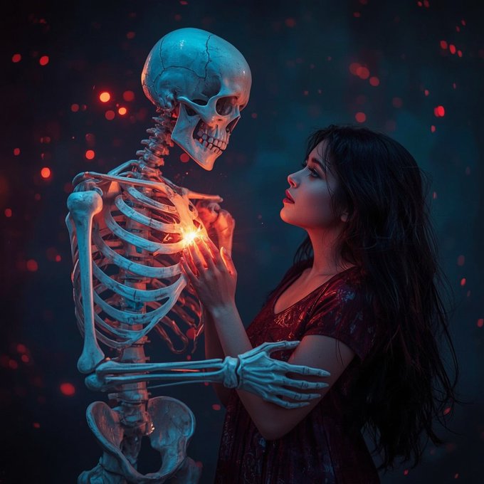 A dark-haired woman in a dark red dress looks up at a blue-tinted skeleton whose glowing heart she touches, set against a background of floating red lights.