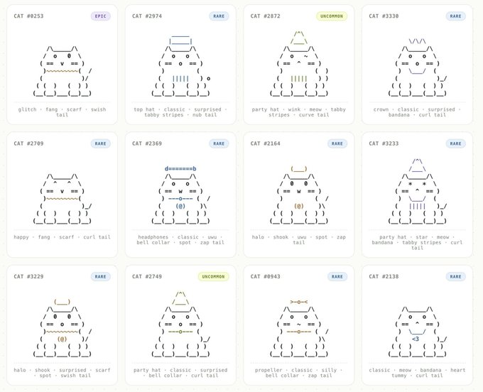 A grid of 12 ASCII-style cat NFT cards from the @ASCIIcats_ collection, each labeled with a catalog number (#0253, #2974, #2872, etc.), rarity tags (Epic, Rare, Uncommon), and trait descriptions like "glitch · fang · scarf · swish tail" and "party hat · classic · surprised · tabby stripes · curl tail," showcasing the variety of features in the 3,333-piece collection being publicly minted on Robinhood.
