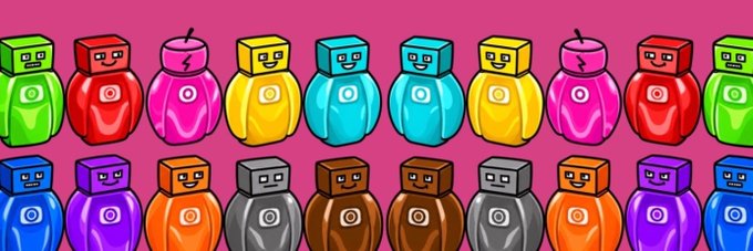 A colorful cartoon illustration showing rows of toy-like figures with blocky heads in various colors (green, red, pink, yellow, blue, gray, brown, orange, purple) against a magenta background.