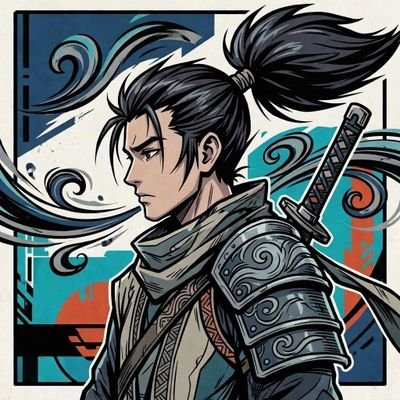 The image features an illustration of a man with spiky hair wearing armor and holding a sword. The background includes a blue and orange swirl pattern that adds visual interest to the scene. The accompanying text reads, "I came into crypto because I wanted a way out. I stayed because building with AI and Web3 made me feel like even a small creator can create something real. Still learning, still shipping, still fighting for my own path." This post seems to be discussing the challenges and motivations of an artist who is also involved in cryptocurrency development or web3 projects.