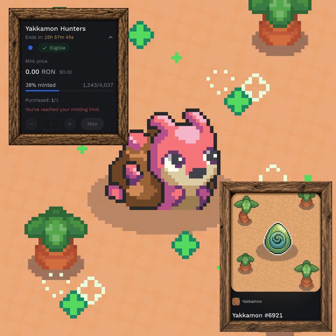 A screenshot from a Yakkamon Hunters NFT minting page showing a pink and brown pixel-art creature named 'Yakkamon #6921' with an egg icon, indicating 38% minted (1,543/4,037) at 0.00 RON, with the user noting 'You've reached your minting limit' after purchasing 1/1.