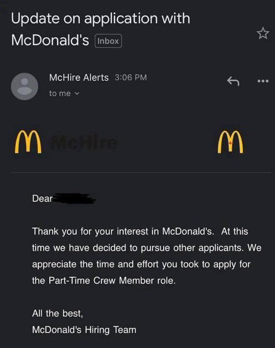 A Gmail screenshot of a McDonald's McHire Alerts rejection email informing the applicant they will not be moving forward for a Part-Time Crew Member role.