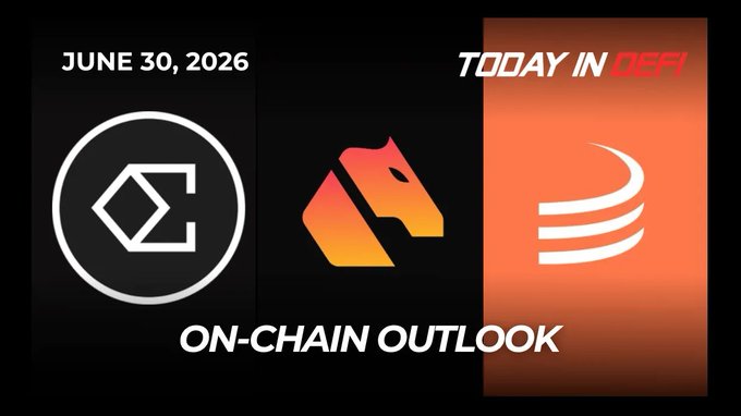 The image is a promotional graphic dated "JUNE 30, 2026" featuring the "TODAY IN DEFI" branding and "ON-CHAIN OUTLOOK" title, displaying logos of three DeFi protocols. It serves as a header/cover visual for a weekly roundup post highlighting key DeFi movers including $VELVET (with its fox-like logo) and $SLX (with its orange "R" logo) alongside a third protocol, illustrating the catalysts driving each project's recent momentum.