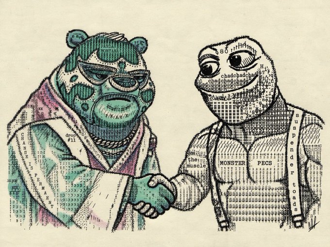 Two anthropomorphic meme characters—a robed figure with "Panda drop #11" and "CHADS TPBANK" inscribed on its body, and a muscular figure labeled "MONSTER PECS" with "chad chad chad," "ther muscle," and "suspender toads"—shake hands warmly, visually representing camaraderie in a playful trading community greeting of "Much love brother!!!"