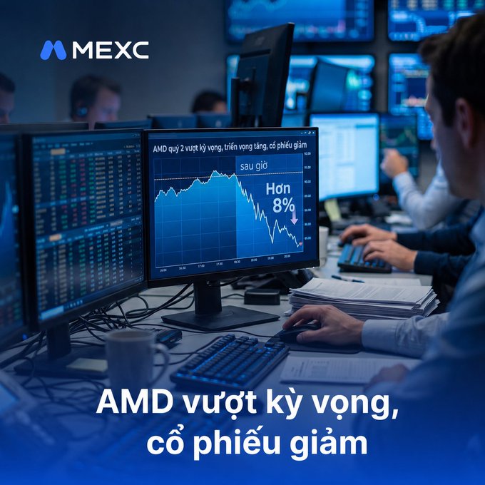 A promotional graphic for MEXC featuring stock market monitors displaying a chart, with Vietnamese text including 'AMD vượt kỳ vọng, cổ phiếu giảm' and a note showing an 8% decrease.