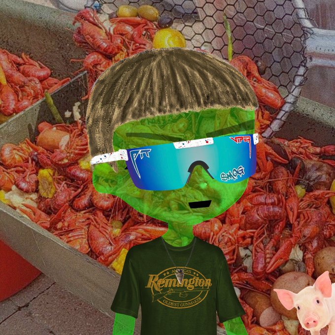 A digital artwork featuring a green alien wearing blue sunglasses with a 'PNUT' logo and a 'Remington' t-shirt, standing in front of a background filled with crawfish, with a small pig in the corner.