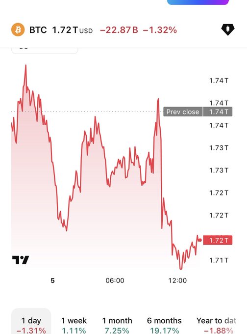 A Bitcoin price chart showing BTC at 1.72T USD, down 1.32% (-22.87B), with a red downward trend line over a 1-day period and timeframes showing 1 day (-1.31%), 1 week (1.11%), 1 month (7.25%), 6 months (19.17%), and Year to date (-1.88%).