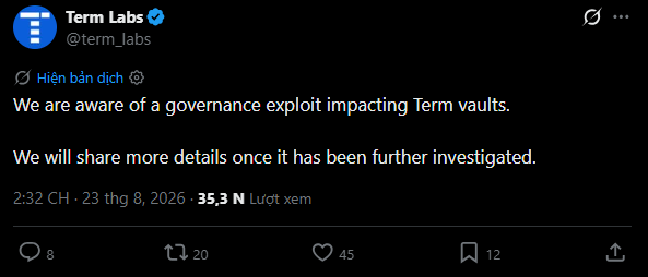 A tweet from 'Term Labs' (@term_labs) stating, 'We are aware of a governance exploit impacting Term vaults. We will share more details once it has been further investigated.'