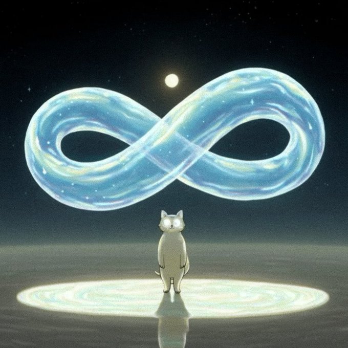 A digital illustration of a white cat standing on a glowing pool of water beneath a large, glowing blue infinity symbol and a bright moon against a starry night sky.
