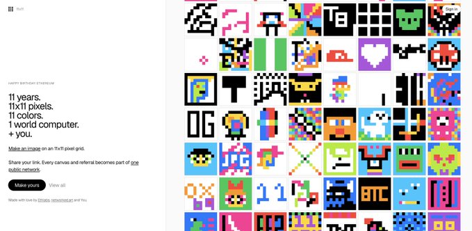 A website interface celebrating 11 years with the text '11 years, 11x11 pixels, 11 colors, 1 world computer, + YOU,' featuring a grid of pixel art designs.